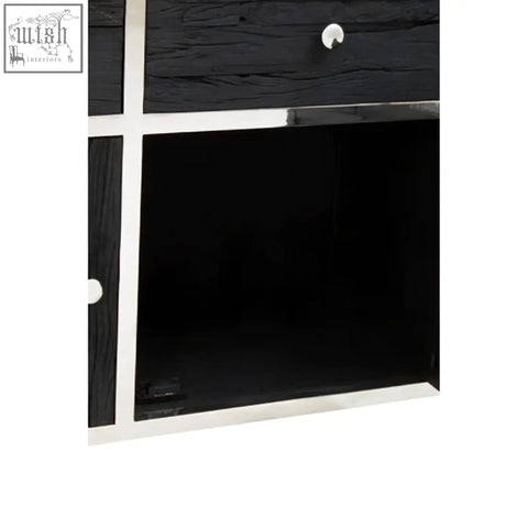 Kerala black sideboard with black and white cross-patterned textured wood finish and stainless steel details
