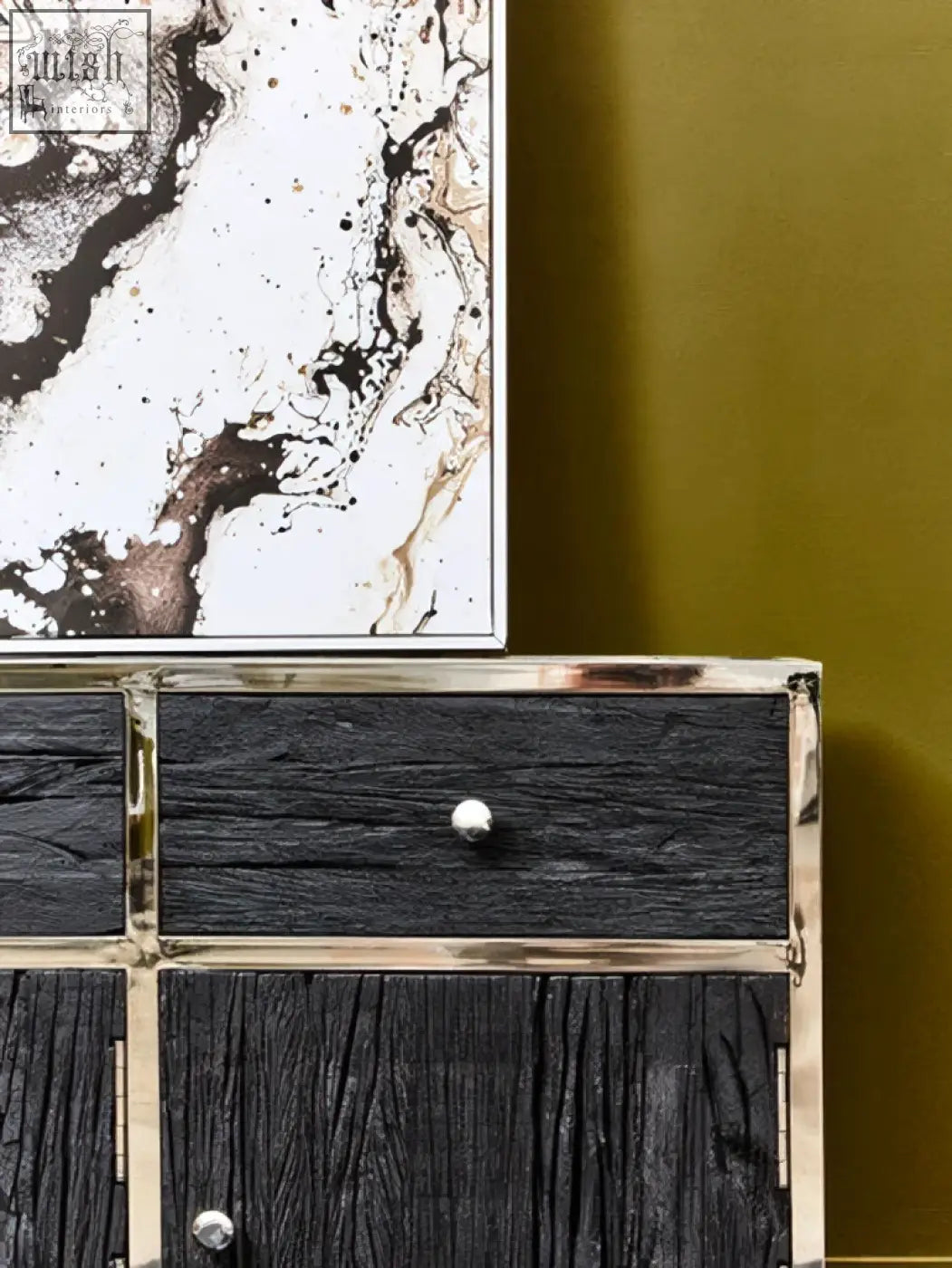 Kerala black sideboard with black wood, silver metallic trim, and round stainless steel knobs for stylish storage