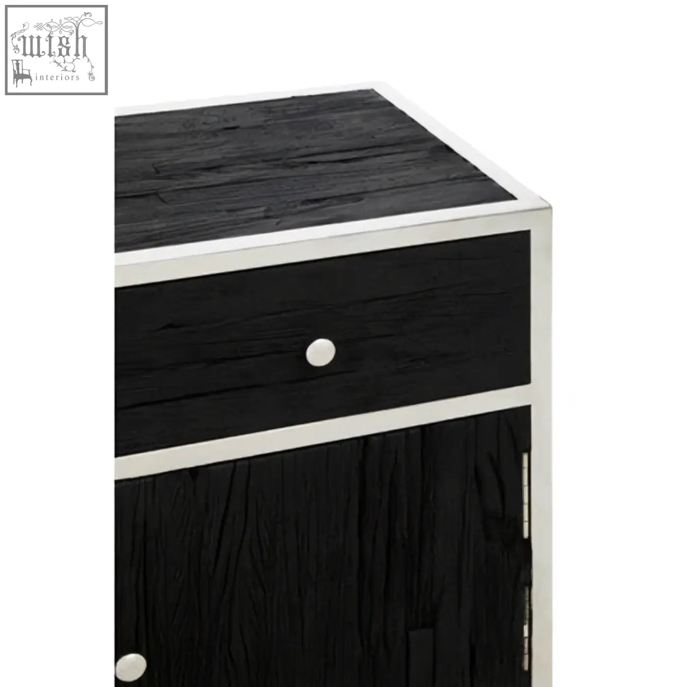 Kerala black sideboard with black wood grain finish white stainless steel trim and round silver knob