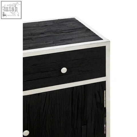 Kerala black sideboard with black wood grain finish white stainless steel trim and round silver knob