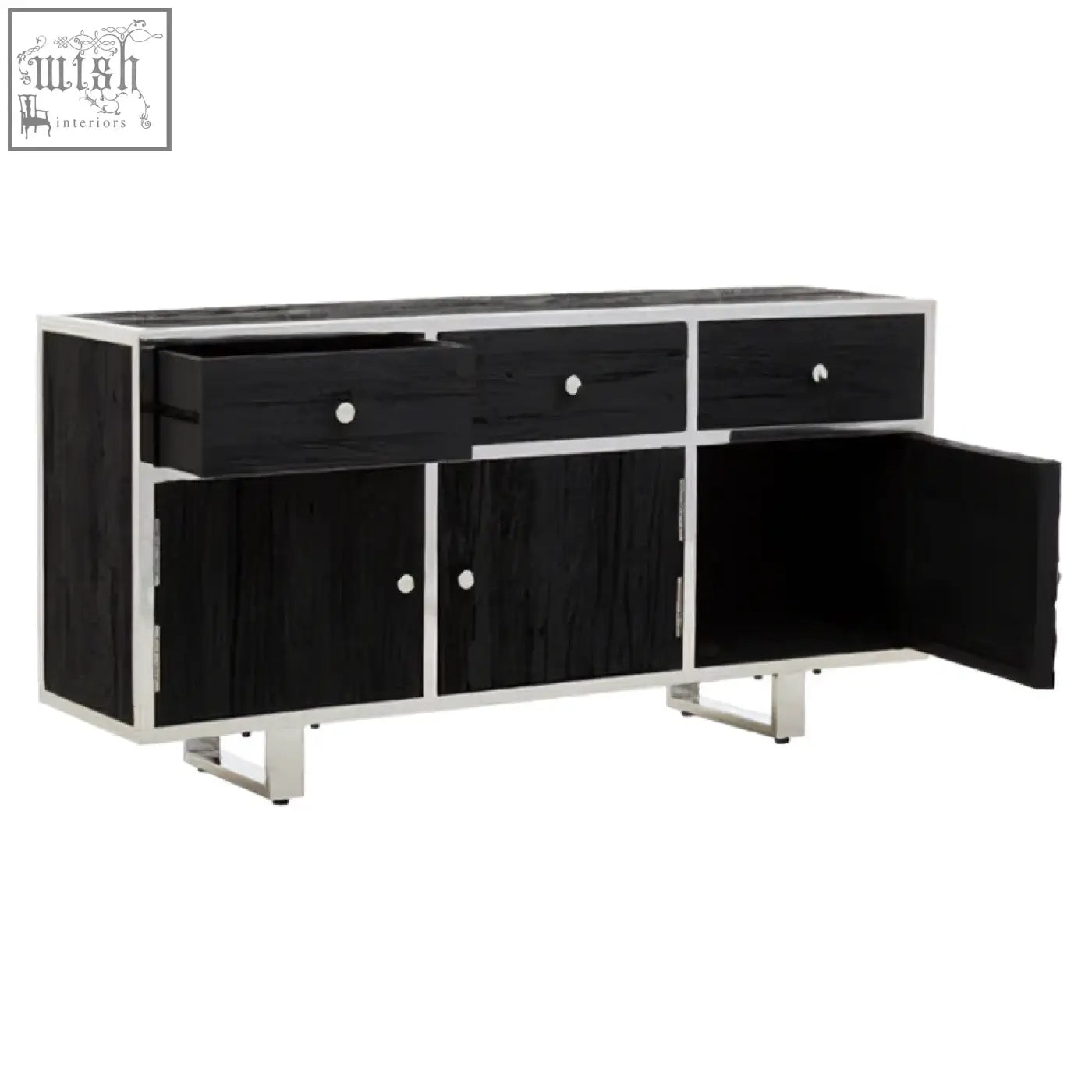 Kerala black sideboard with black wood grain, stainless steel frame, three drawers, and open door showing interior