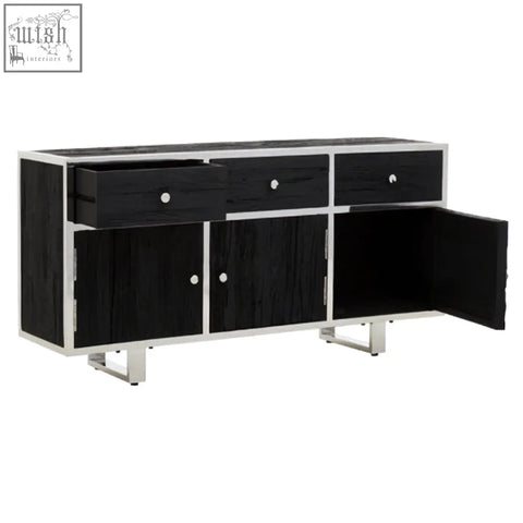 Kerala black sideboard with black wood grain, stainless steel frame, three drawers, and open door showing interior