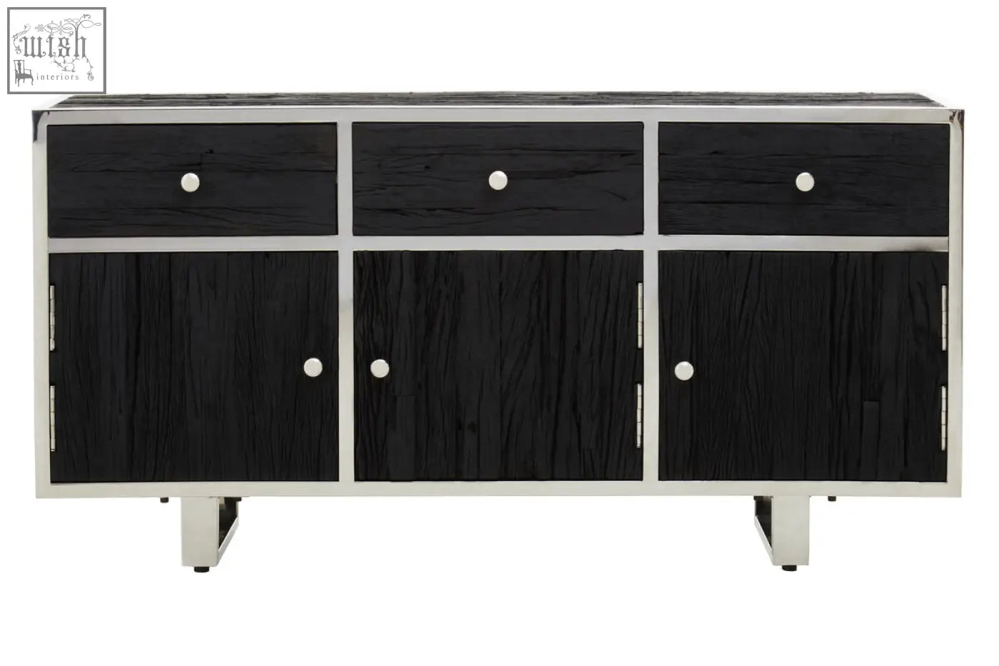 Kerala black sideboard with black wood grain finish, stainless steel frame and legs, three drawers and cabinet doors