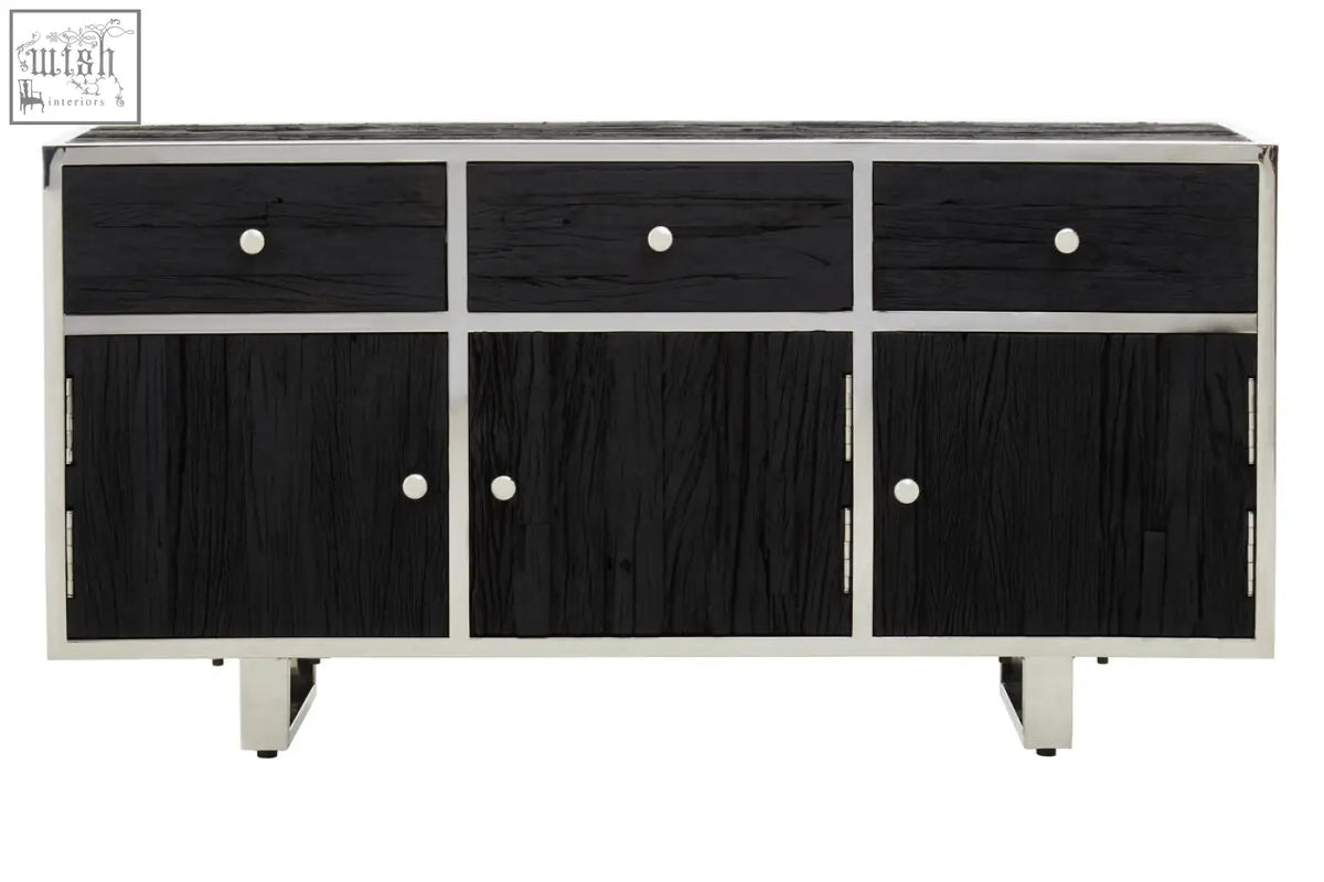 Kerala black sideboard with black wood grain finish, stainless steel frame and legs, three drawers and cabinet doors