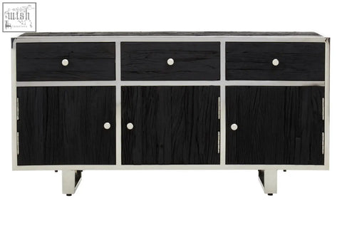 Kerala black sideboard with black wood grain finish, stainless steel frame and legs, three drawers and cabinet doors