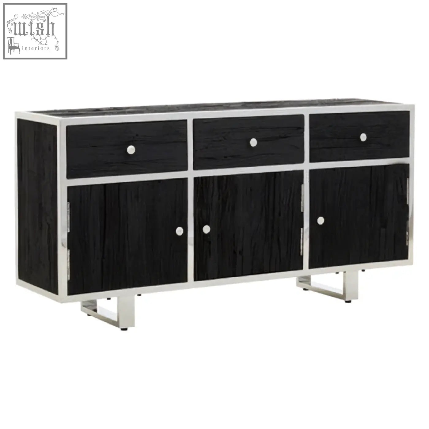 Kerala black sideboard with a black wood body and silver stainless steel frame and legs for stylish storage