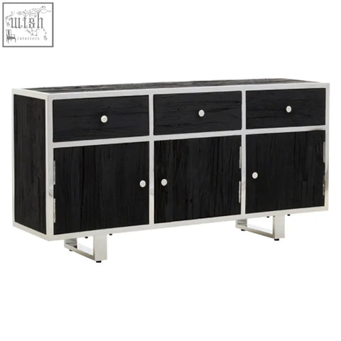 Kerala black sideboard with a black wood body and silver stainless steel frame and legs for stylish storage