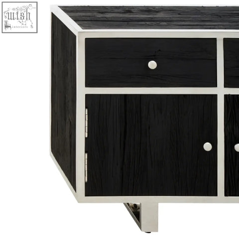 Kerala black sideboard with white stainless steel trim and round silver knobs for stylish storage