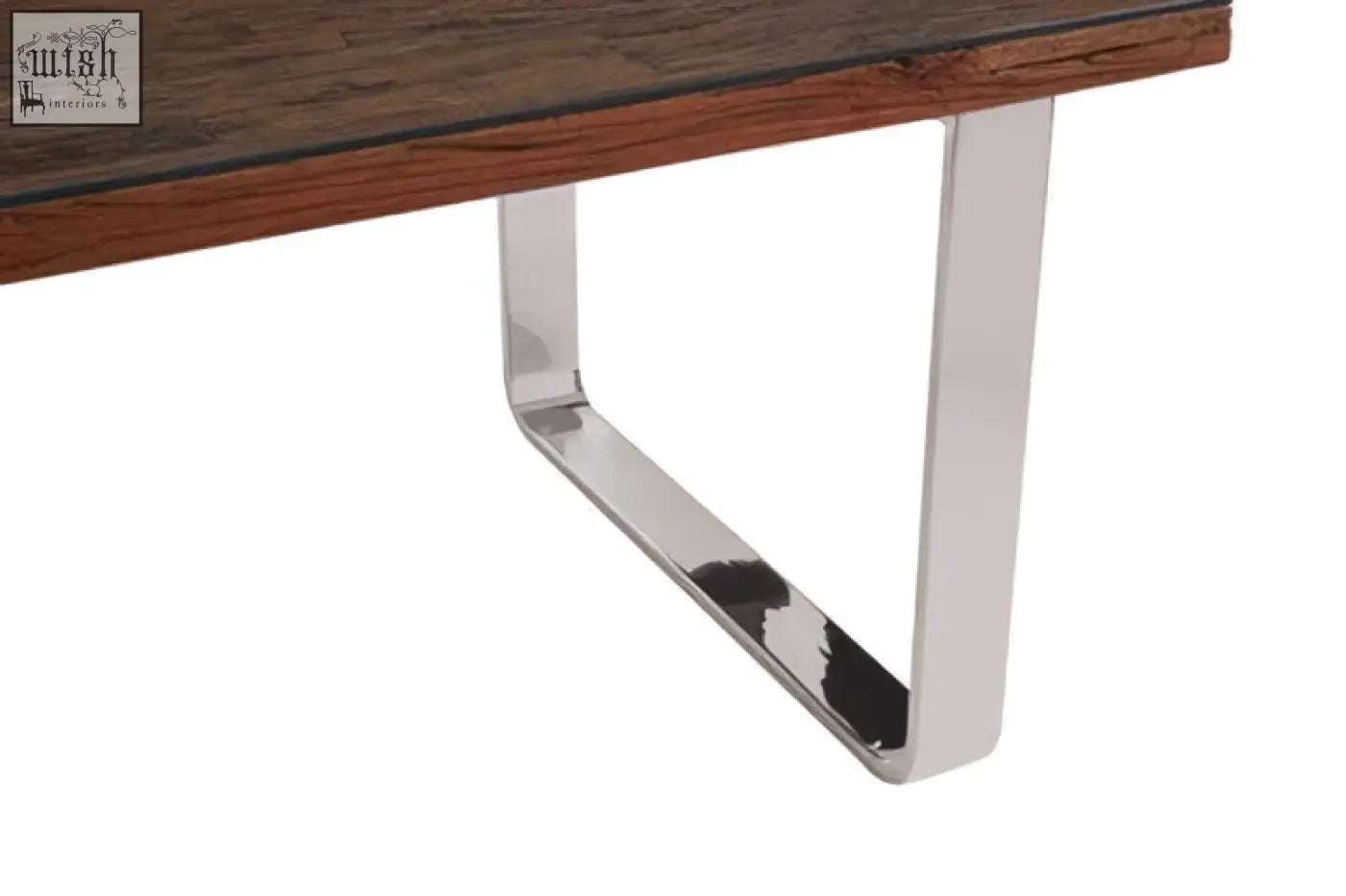 Chrome finished u shaped leg base dining table with dark wood tabletop from kerala natural collection