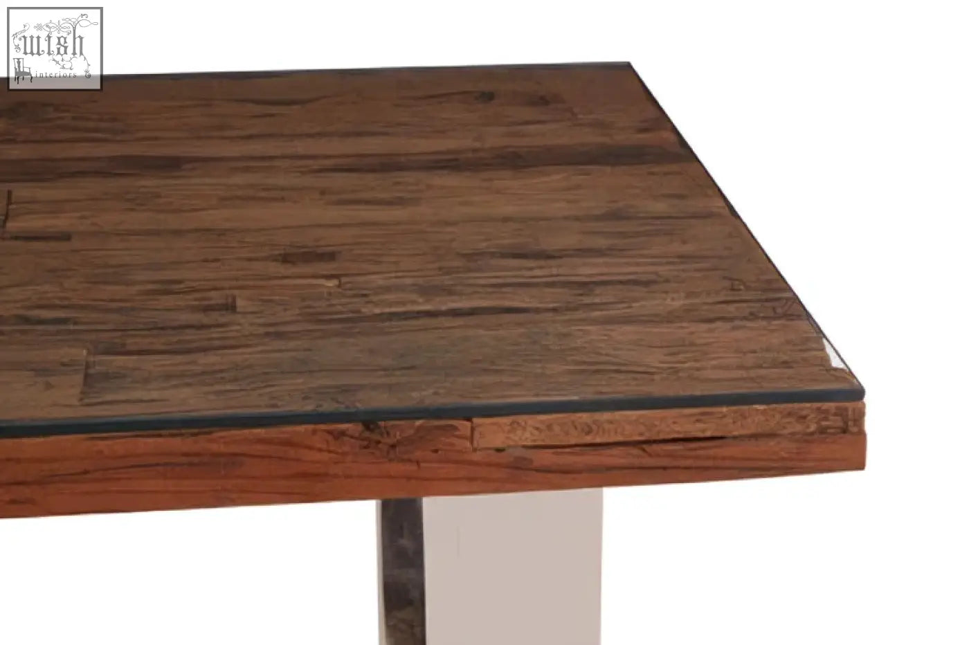 Kerala natural u shaped base dining table with dark brown wooden top and sleek metallic edge base dining table