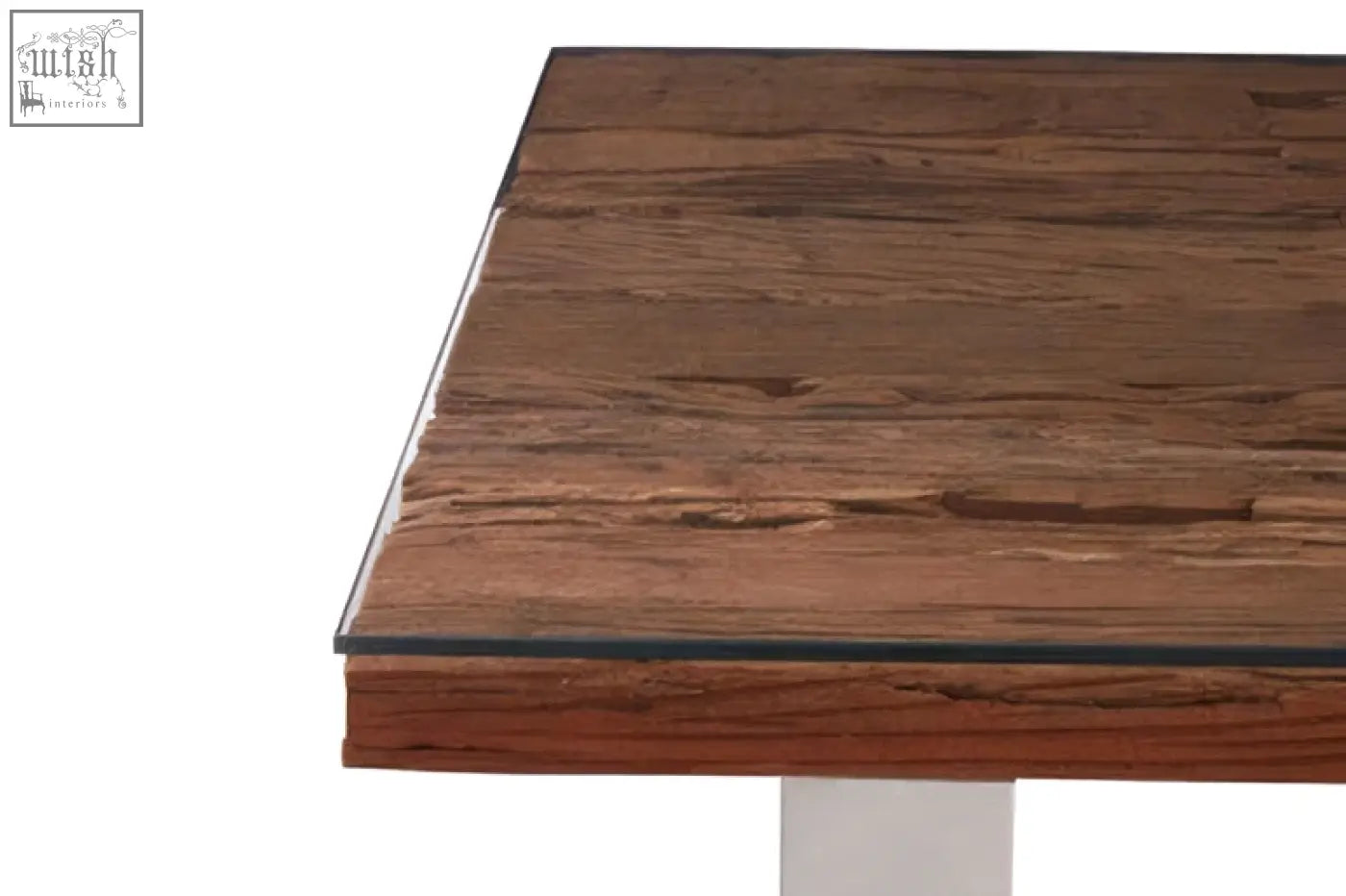 Kerala natural u shaped base dining table with dark brown wooden top and sleek white base dining table design