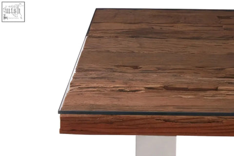 Kerala natural u shaped base dining table with dark brown wooden top and sleek white base dining table design