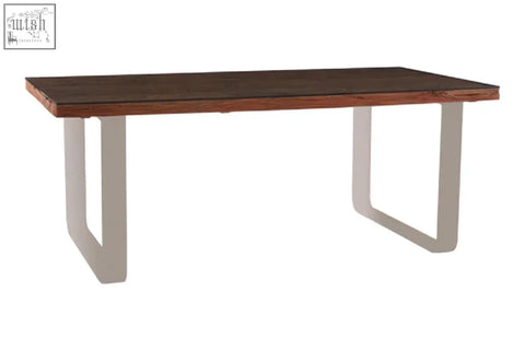 Modern rectangular kerala natural u shaped base dining table with dark wood top and white metal base dining legs