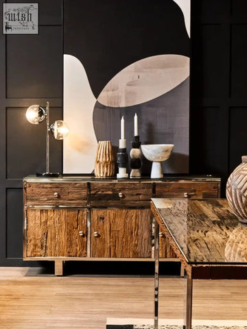 Rustic wooden sideboard with metal accents and brass handles paired with kerala natural u shaped base dining table