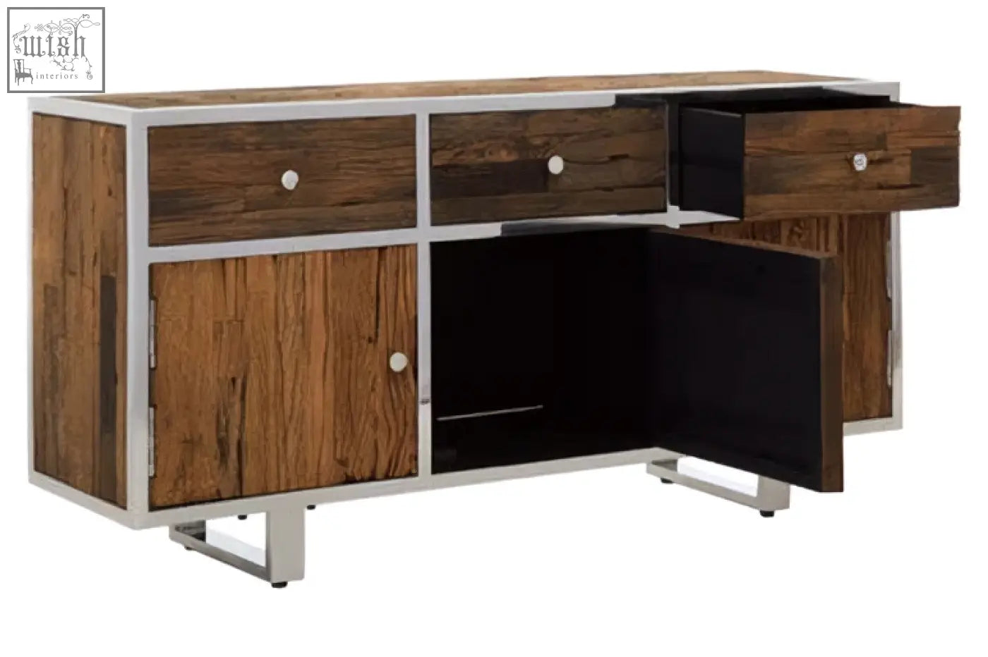 Industrial-style kerala natural wood sideboard with metal frame and drawers for stylish storage solutions