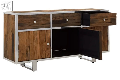 Industrial-style kerala natural wood sideboard with metal frame and drawers for stylish storage solutions