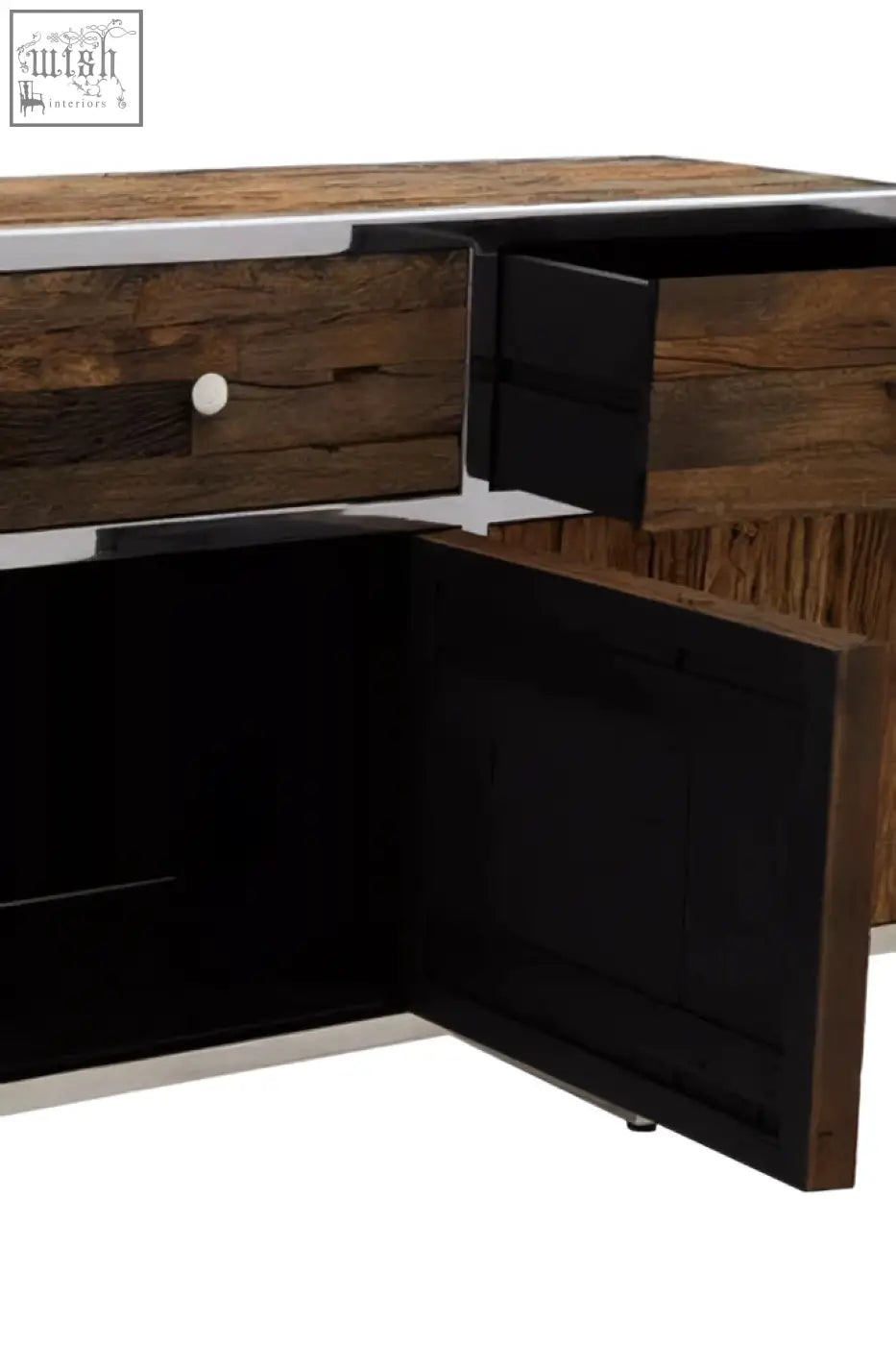 Modern wooden natural wood sideboard with black drawers and sleek silver trim in a wood sideboard design