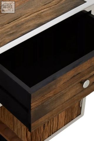 Rustic natural wood sideboard drawer with sleek silver knob and black interior in kerala natural wood sideboard