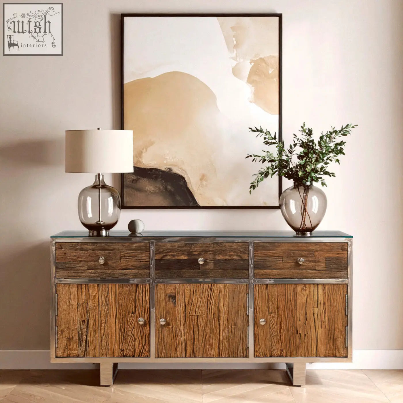 Rustic kerala natural wood sideboard with metal frame, glass top, silver hardware, three drawers, and three doors