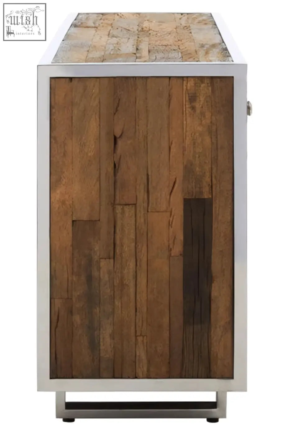 Rustic natural wood sideboard with metallic frame and stone top perfect for stylish storage and decor