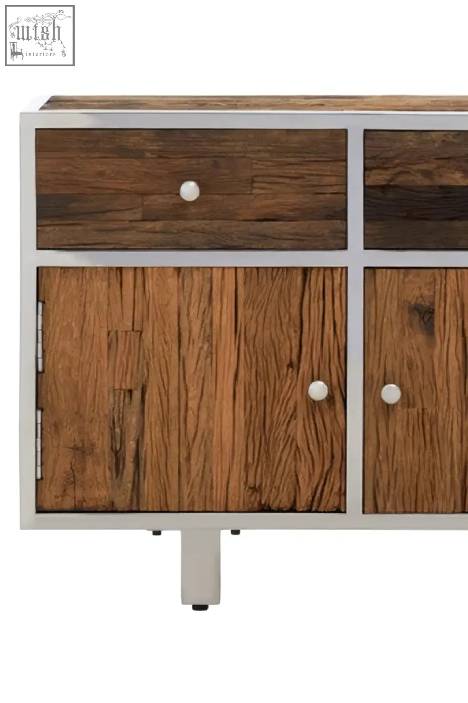 Rustic natural wood sideboard with metal frame and white round knobs perfect for stylish storage solutions