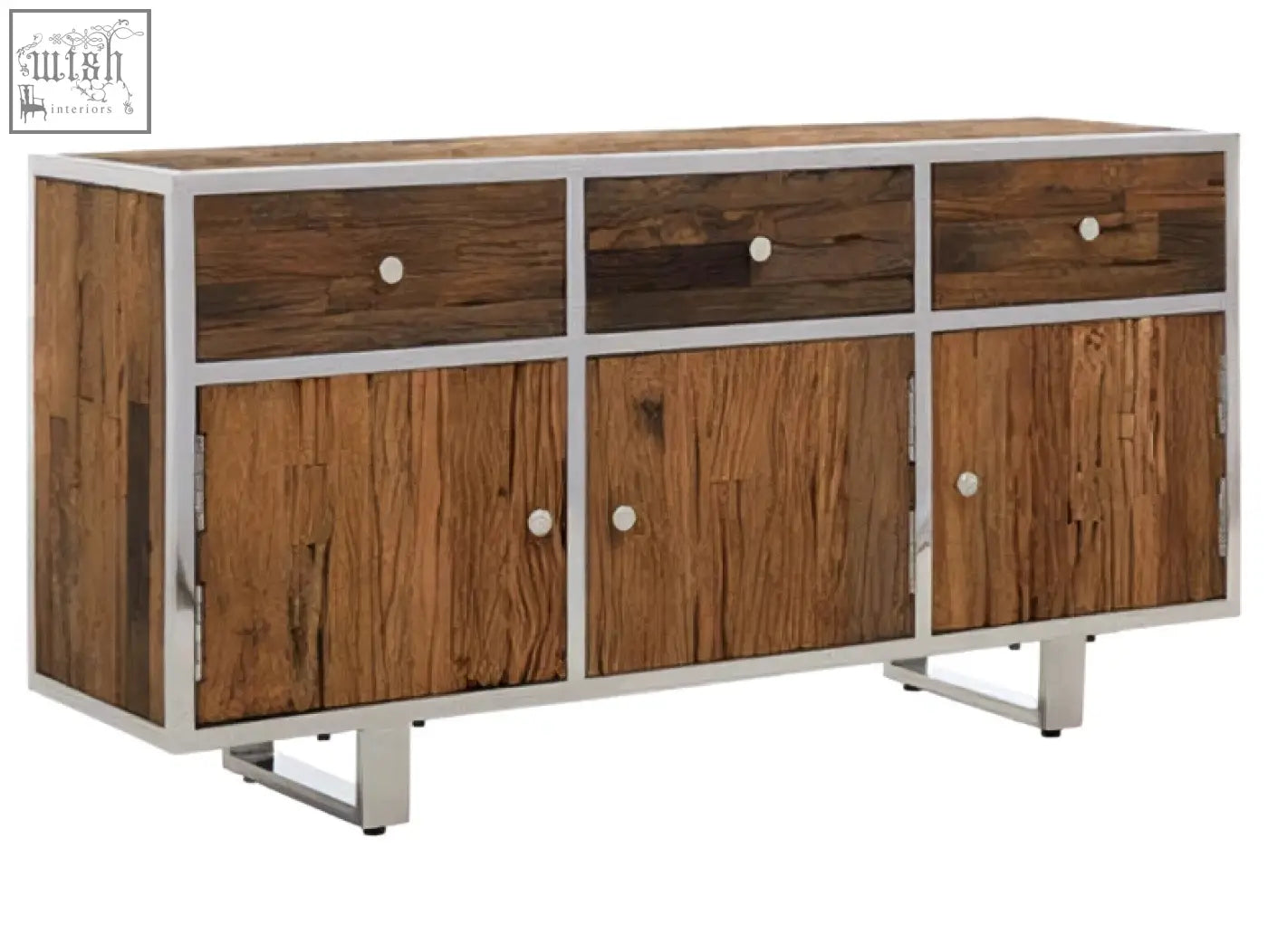 Kerala natural wood sideboard with natural wood grain finish and sleek silver metal frame and legs for stylish storage