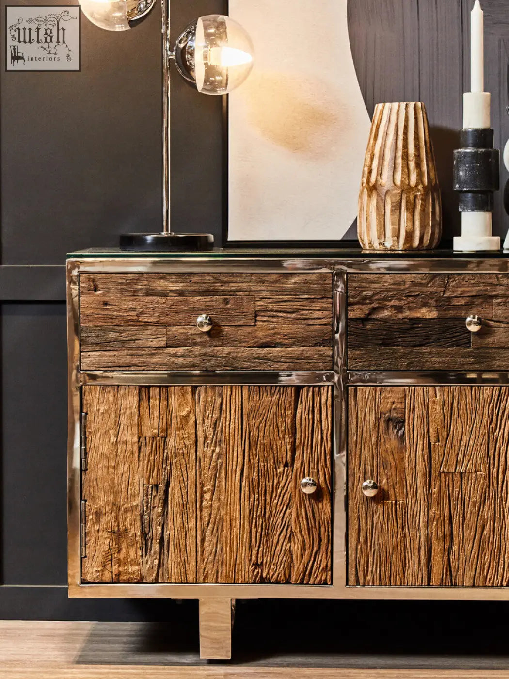 Rustic kerala natural wood sideboard with metal accents and distressed wood grain natural wood sideboard