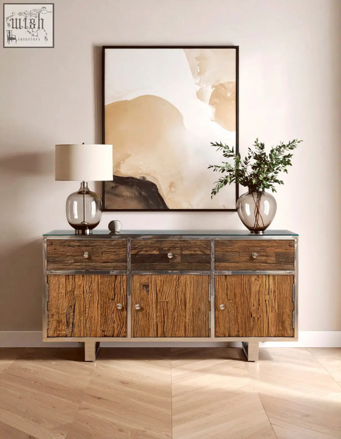 Rustic kerala natural wood sideboard with metal accents and glass top perfect as a wood sideboard for storage