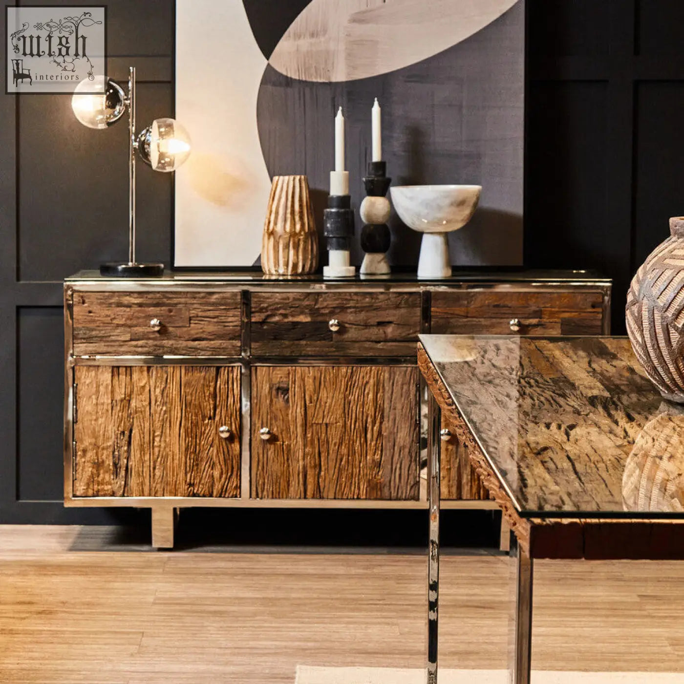 Rustic kerala natural wood sideboard with metal accents and distressed finish perfect as a wood sideboard storage unit