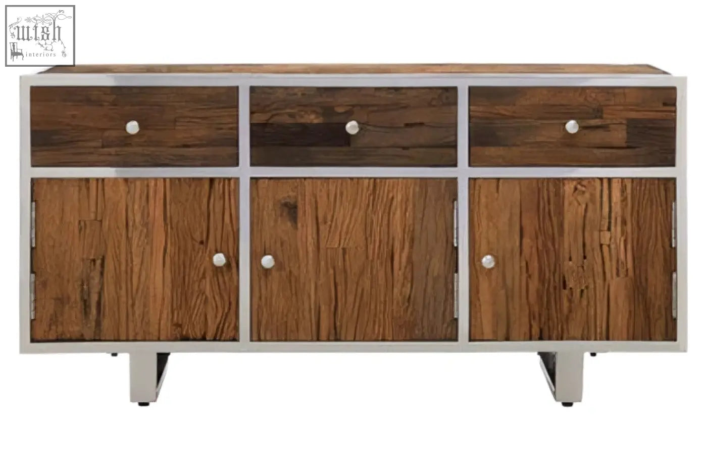 Rustic natural wood sideboard with three drawers and two cabinet doors framed in silver metal with white knobs