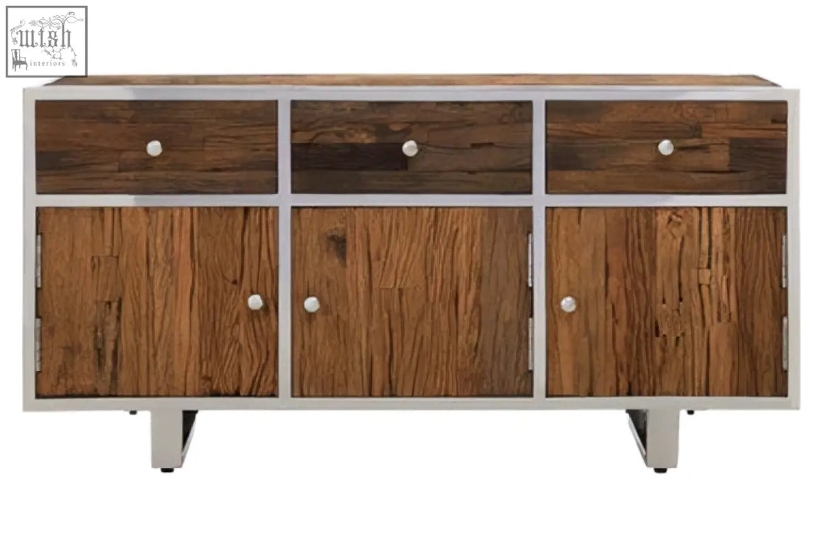 Rustic natural wood sideboard with three drawers and two cabinet doors framed in silver metal with white knobs