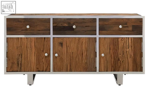 Rustic natural wood sideboard with three drawers and two cabinet doors framed in silver metal with white knobs