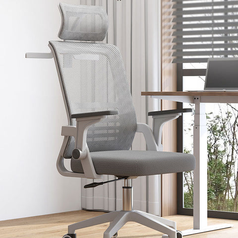 Gray mesh kerr office chair with adjustable arms and five-star base perfect for comfortable office use