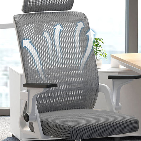 Gray mesh kerr office chair with white frame and black armrests shown from back with breathable airflow design