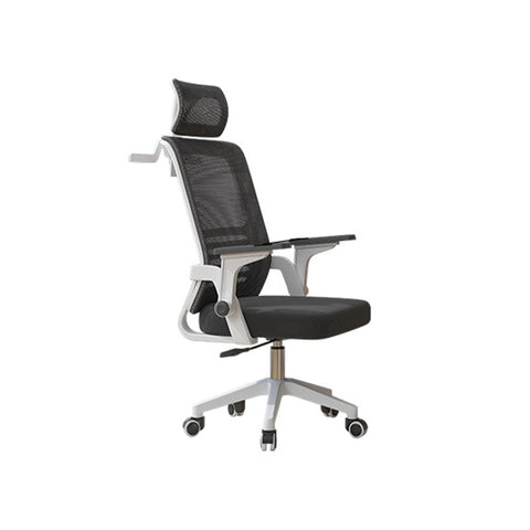 Modern ergonomic kerr office chair with black mesh seat and back, white metal frame, and five-wheel base for office use