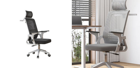 Modern ergonomic kerr office chair with black mesh back and seat silver frame and adjustable headrest for comfort