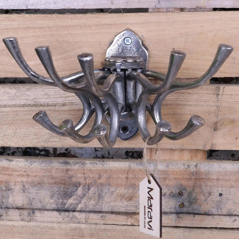 Silver-toned industrial wall-mounted coat rack with five captains swivel hooks and a vintage finish for durable use