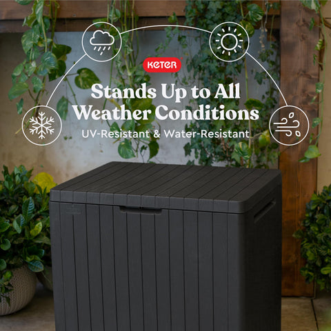 Black keter city 30 gallon resin outdoor storage box with vertical ribbed texture and patio table storage capacity