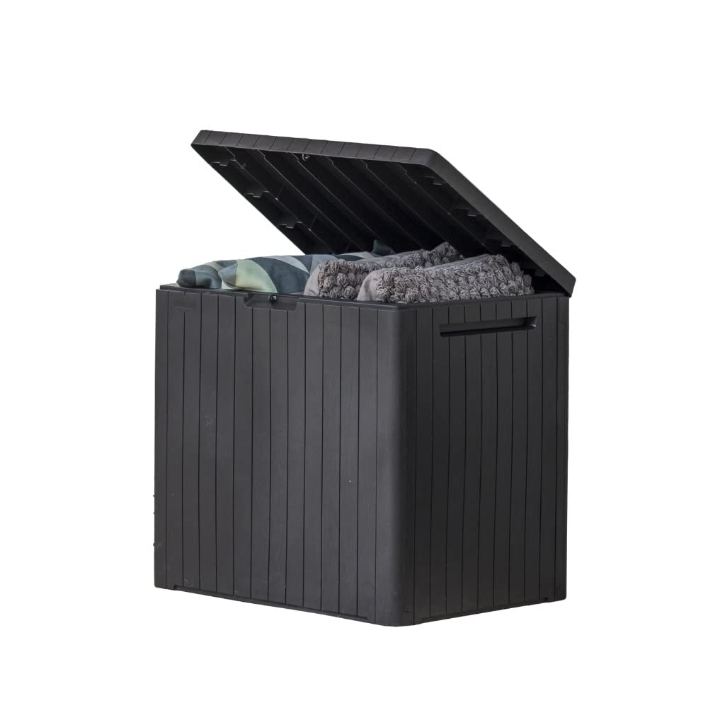 Black keter city resin outdoor storage box with 30 gallon storage capacity and patio table design in dark grey