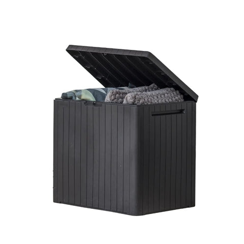 Black keter city resin outdoor storage box with 30 gallon storage capacity and patio table design in dark grey
