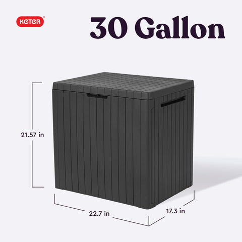 Black keter 30 gallon resin outdoor storage box with slatted lid and patio table design for garden and pool accessories