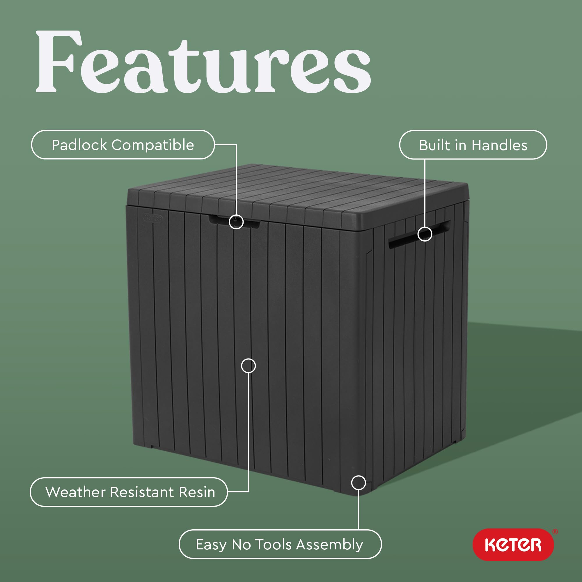 Black keter city 30 gallon outdoor storage box with resin construction dark grey patio table and storage capacity