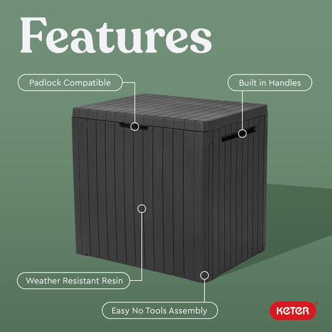 Black keter city 30 gallon outdoor storage box with resin construction dark grey patio table and storage capacity