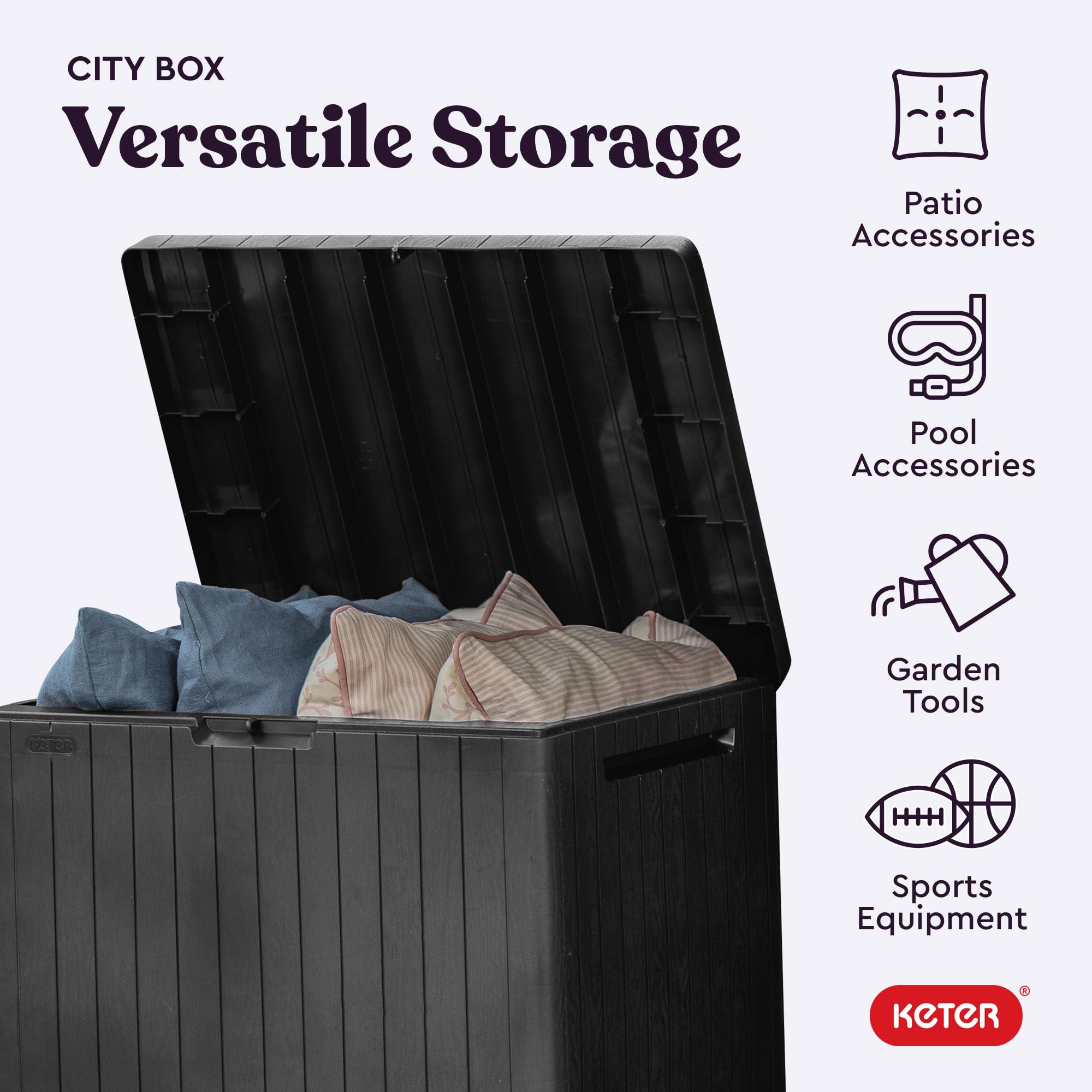 Keter city 30 gallon dark grey resin storage box with vertical ridges and hinged lid doubles as patio table with storage capacity