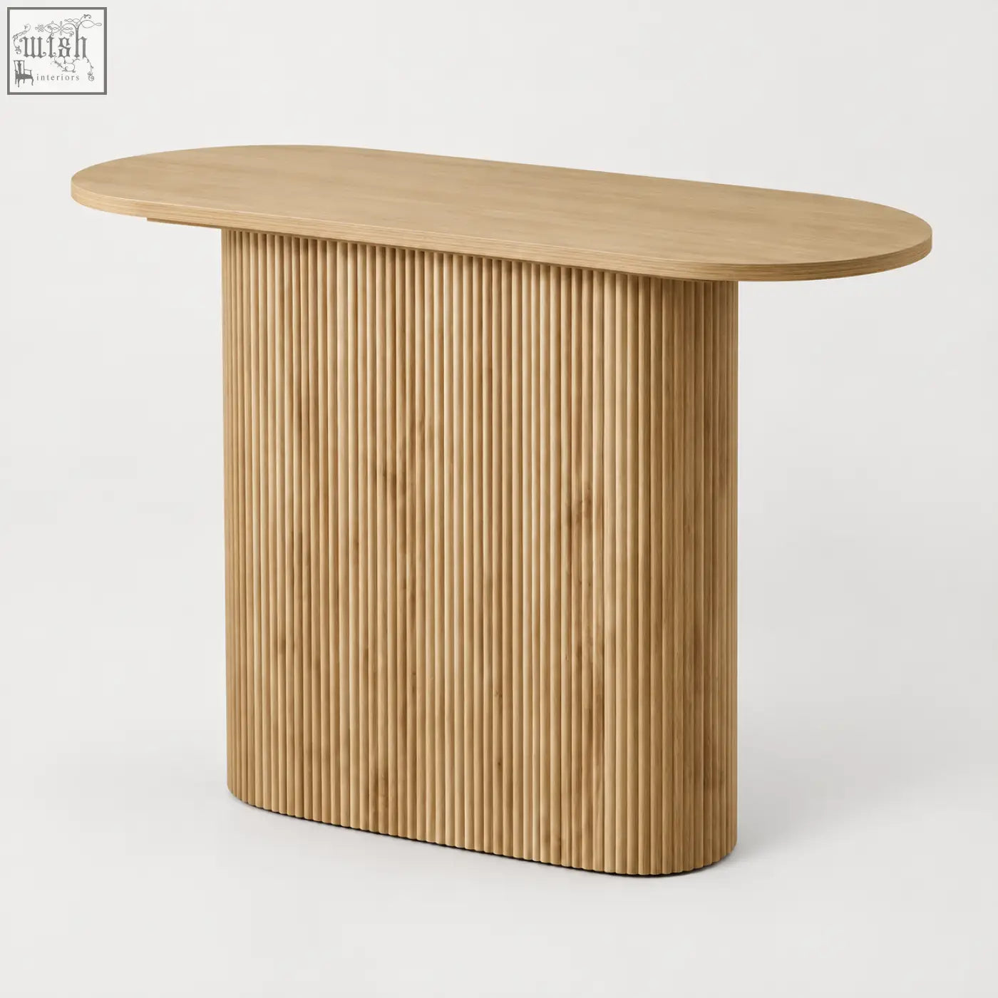 Light wood oval dining table with oak-effect finish and close vertical fluting on ribbed base for stylish use