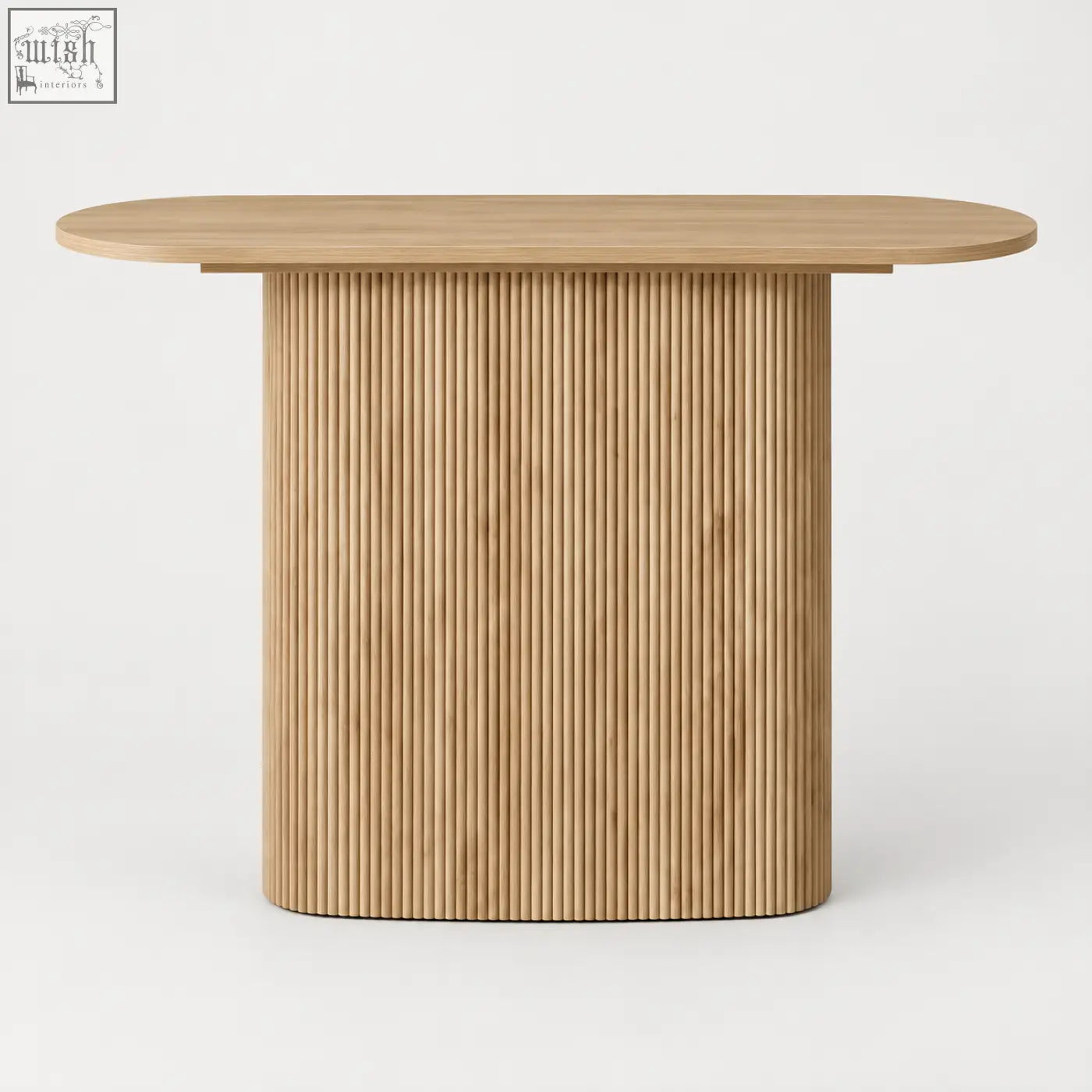Light wood oval dining table with sleek close vertical fluting on oak-effect ribbed base for modern dining spaces