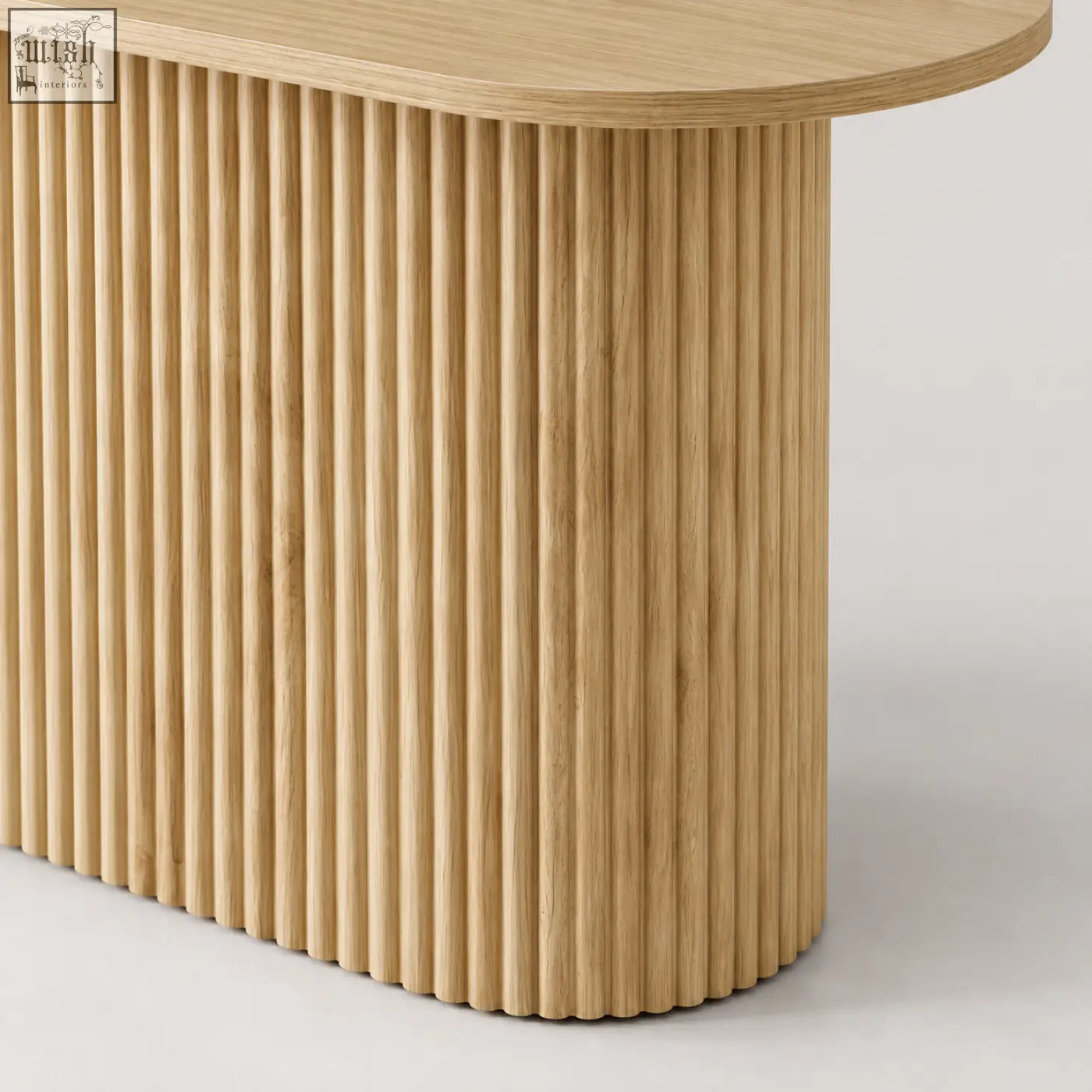 Kew 110cm oak-effect console table with light wood oval top and close vertical fluting on the legs