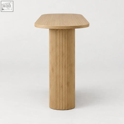 Kew 110cm oak-effect console table with light wood rounded top and close vertical fluting on ribbed base