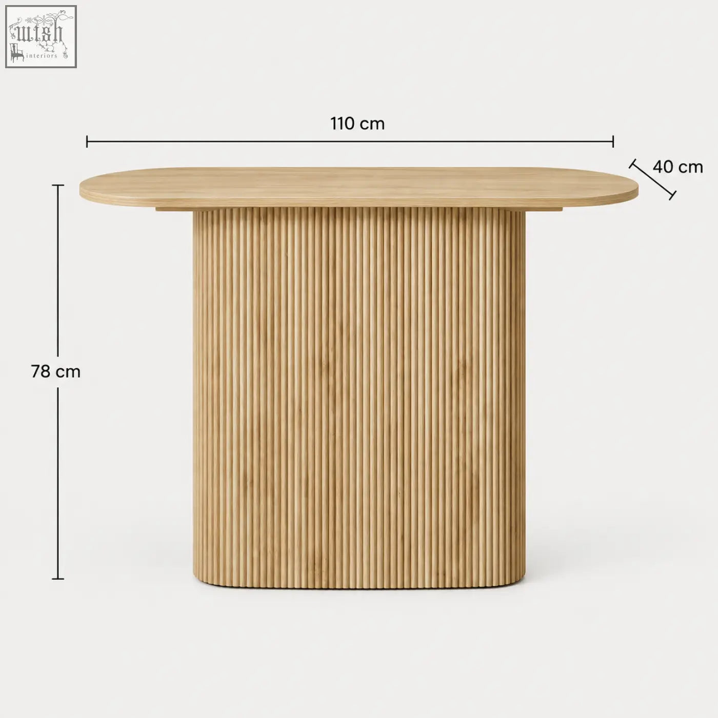 Light oak wood kew 110cm console table with sleek oval top and vertical ribbed base featuring close vertical fluting