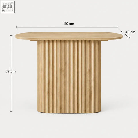 Light oak wood kew 110cm console table with sleek oval top and vertical ribbed base featuring close vertical fluting